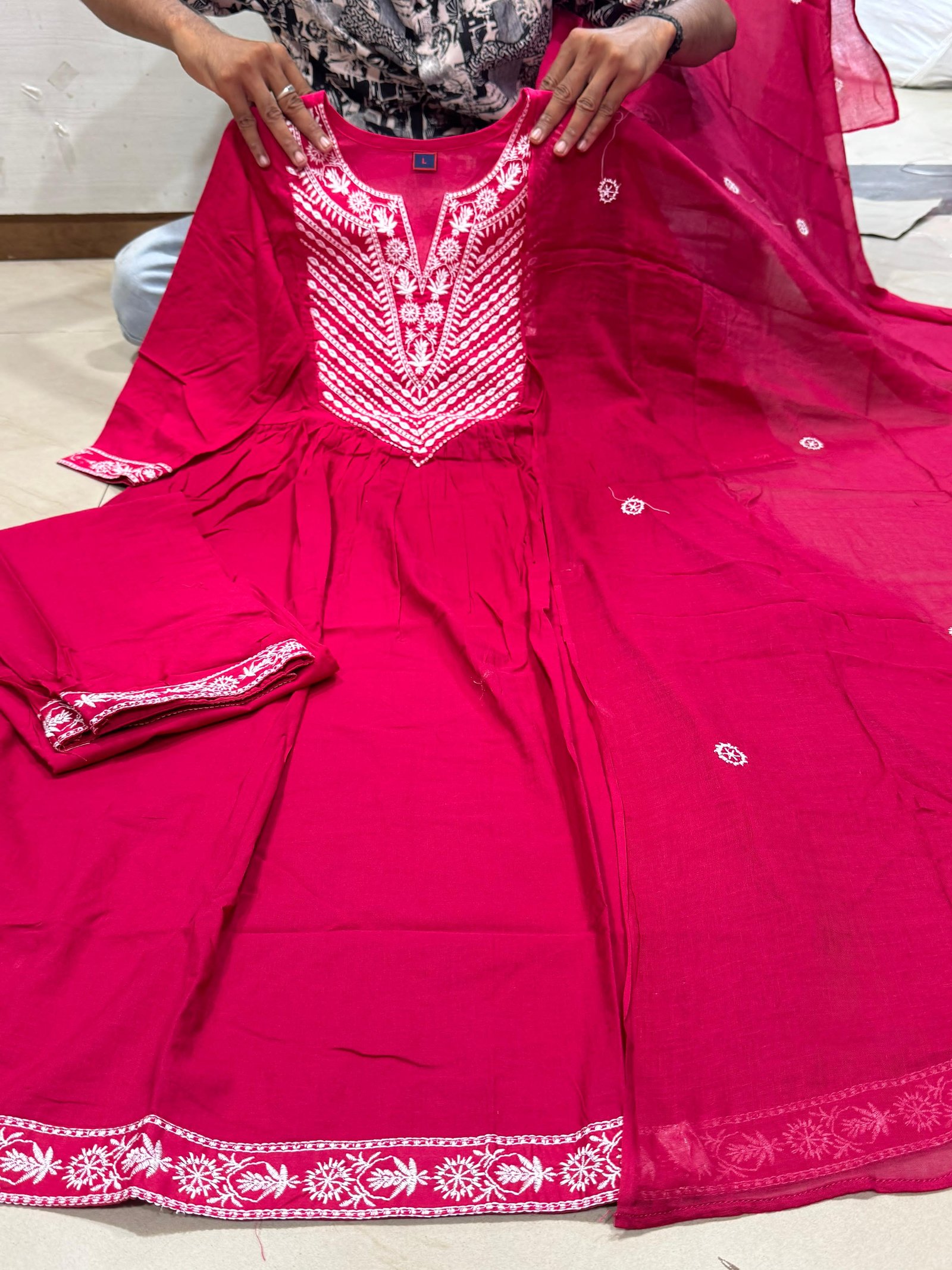 Pink Cotton Suit Set with Embroidered Dupatta